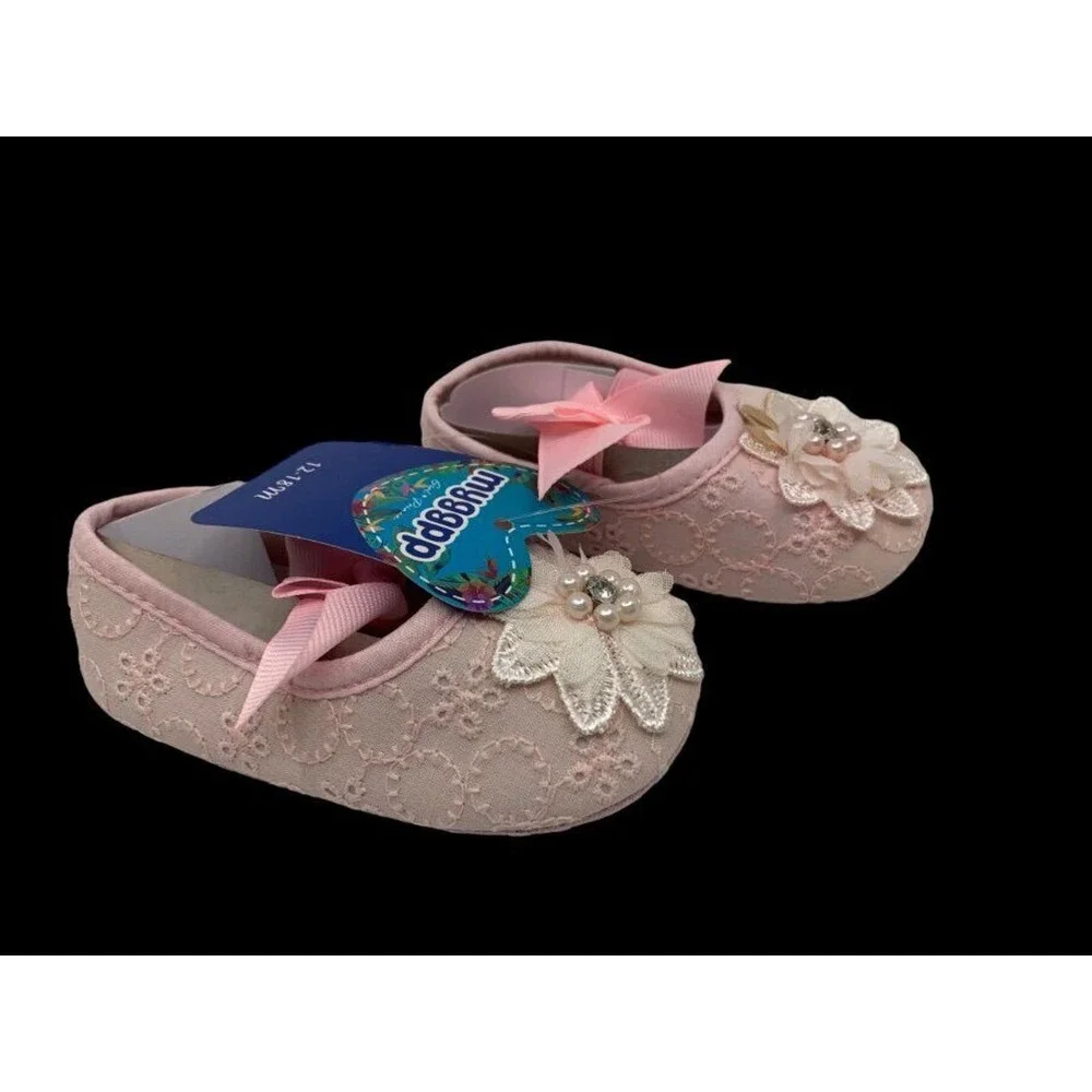 Myggpp Baby Mary Jane Bowknot Pink‎ Eyelet Floral Princess Soft Shoes 12-18 Mth